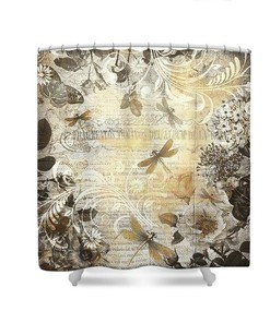 Neutral Gold Gray And Botanical Dragonfly Shower Curtain For Your Bathroom