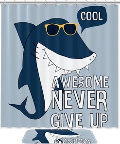 Never Give Up Quote Shark Shower Curtain for Inspirational Bathroom Decor
