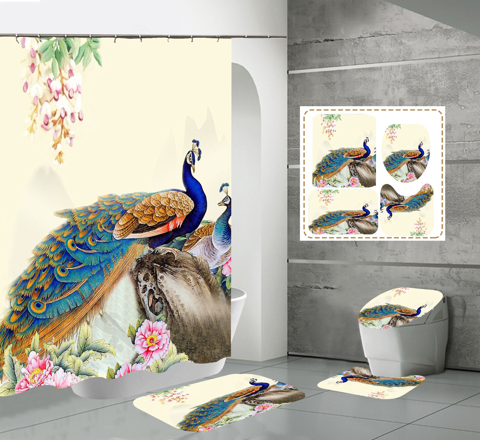 New Bird Print Peacock Shower Curtain