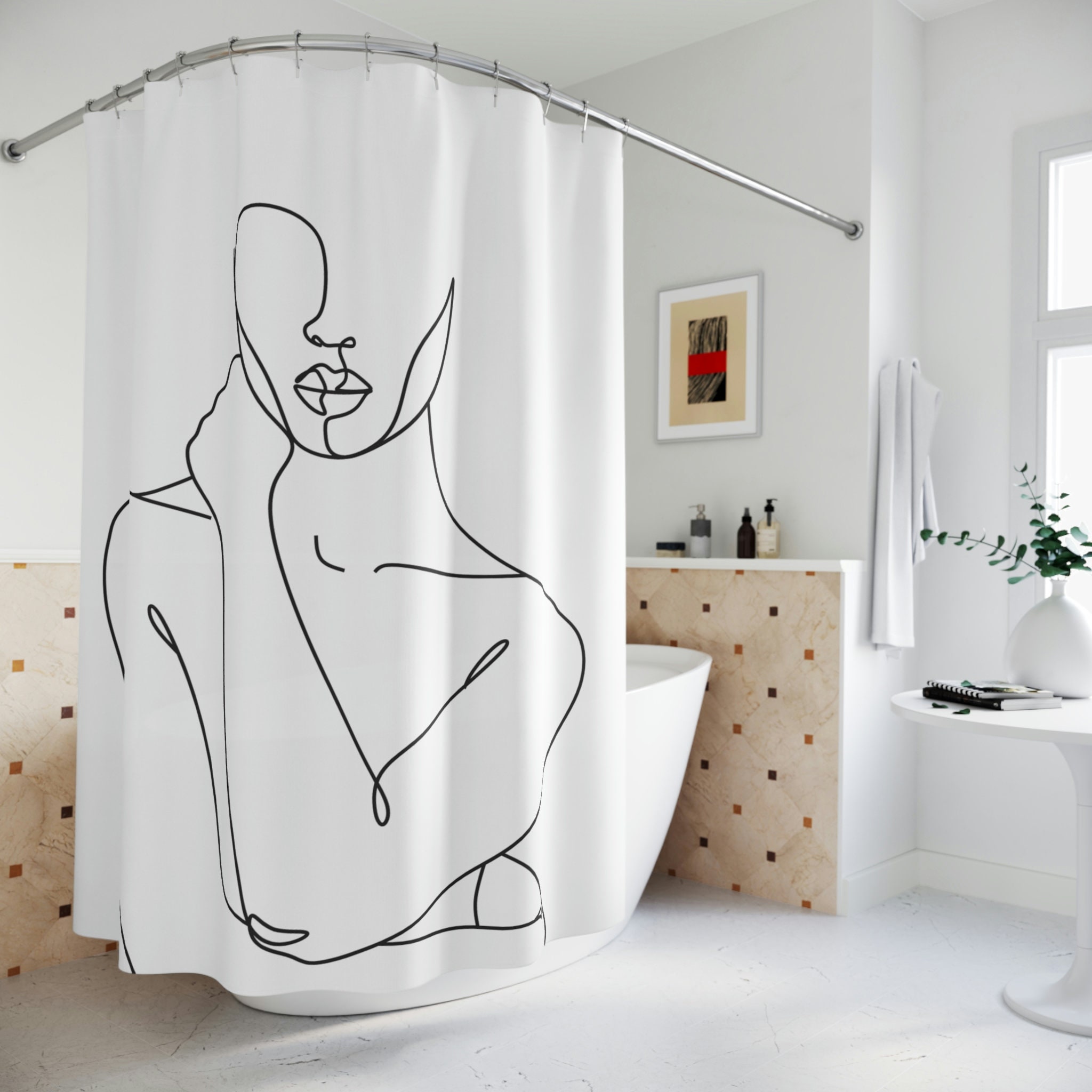 New Home Gift: Modern Fabric Bathroom Shower Curtain With Geometric Line Art Print - Image 3