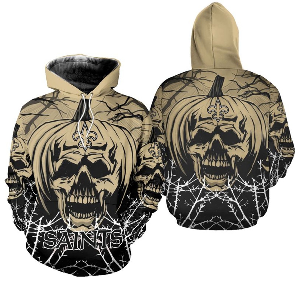 New Orleans Saints Halloween Pumpkin Skull 3D All Over Print Zip Up Hoodie, Custom All Over Print Hoodie