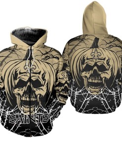New Orleans Saints Halloween Pumpkin Skull 3D All Over Print Zip Up Hoodie, Custom All Over Print Hoodie