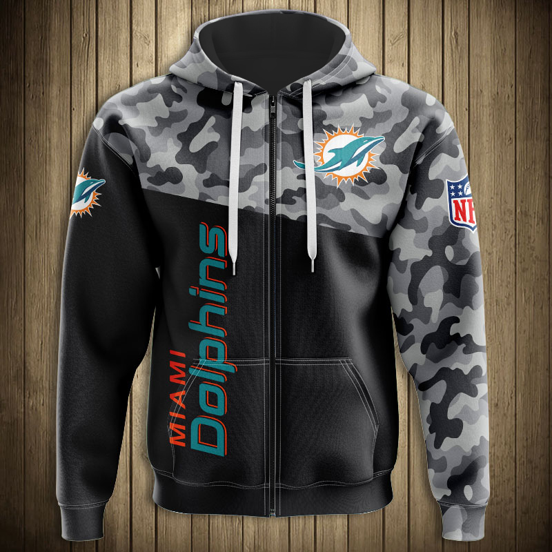 New Season Miami Dolphins Military Hoodie With 3D Zip And All Over Print Design