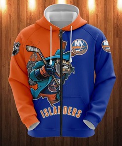 New York Islanders All Over Print Zip Up Hoodie Men 3D Cartoon Graphic Zip Hoodie For Fan