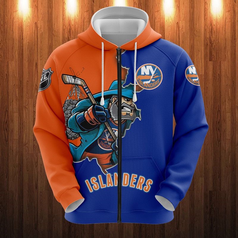 New York Islanders All Over Print Zip Up Hoodie Men 3D Cartoon Graphic Zip Hoodie For Fan