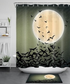 Night Abstract Bat Flock And Moon Sky Halloween Shower Curtain - Edgy And Cool Bathroom Decor