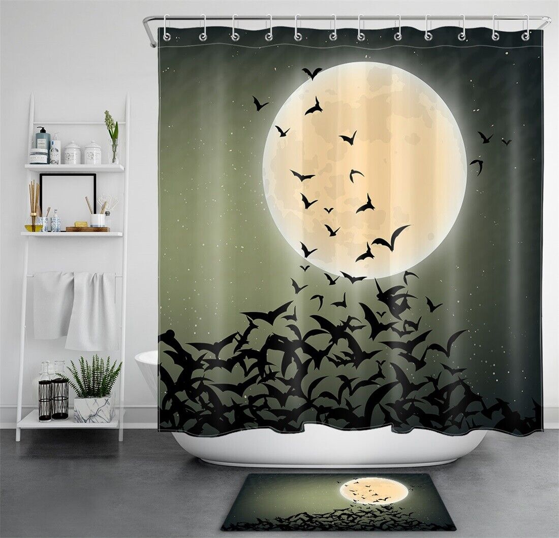 Night Abstract Bat Flock And Moon Sky Halloween Shower Curtain - Edgy And Cool Bathroom Decor