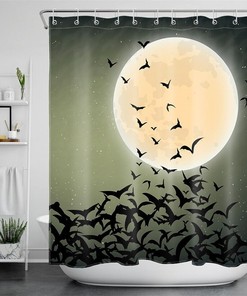 Night Abstract Bat Flock And Moon Sky Halloween Shower Curtain - Edgy And Cool Bathroom Decor