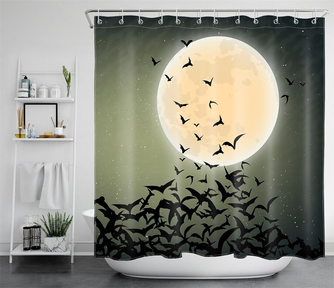 Night Abstract Bat Flock And Moon Sky Halloween Shower Curtain - Edgy And Cool Bathroom Decor