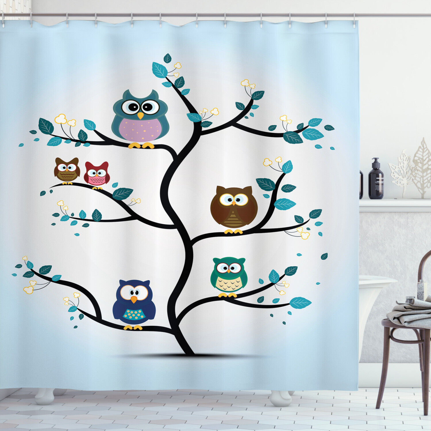 Night Animal Owl Love Print Colorful Shower Curtain For A Cozy Bathroom Atmosphere