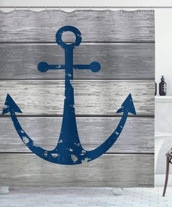 Night Blue Grunge Wooden Planks Shower Curtain, Rustic Nautical Maritime Sail Colored Symbol