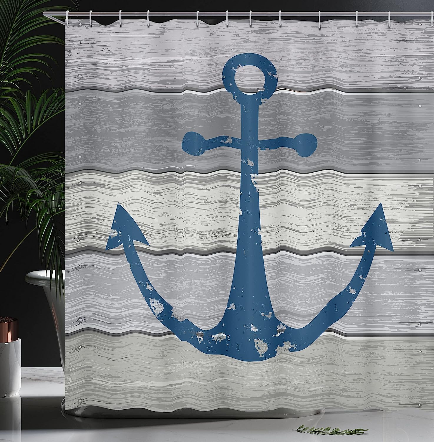 Night Blue Grunge Wooden Planks Shower Curtain, Rustic Nautical Maritime Sail Colored Symbol - Image 3