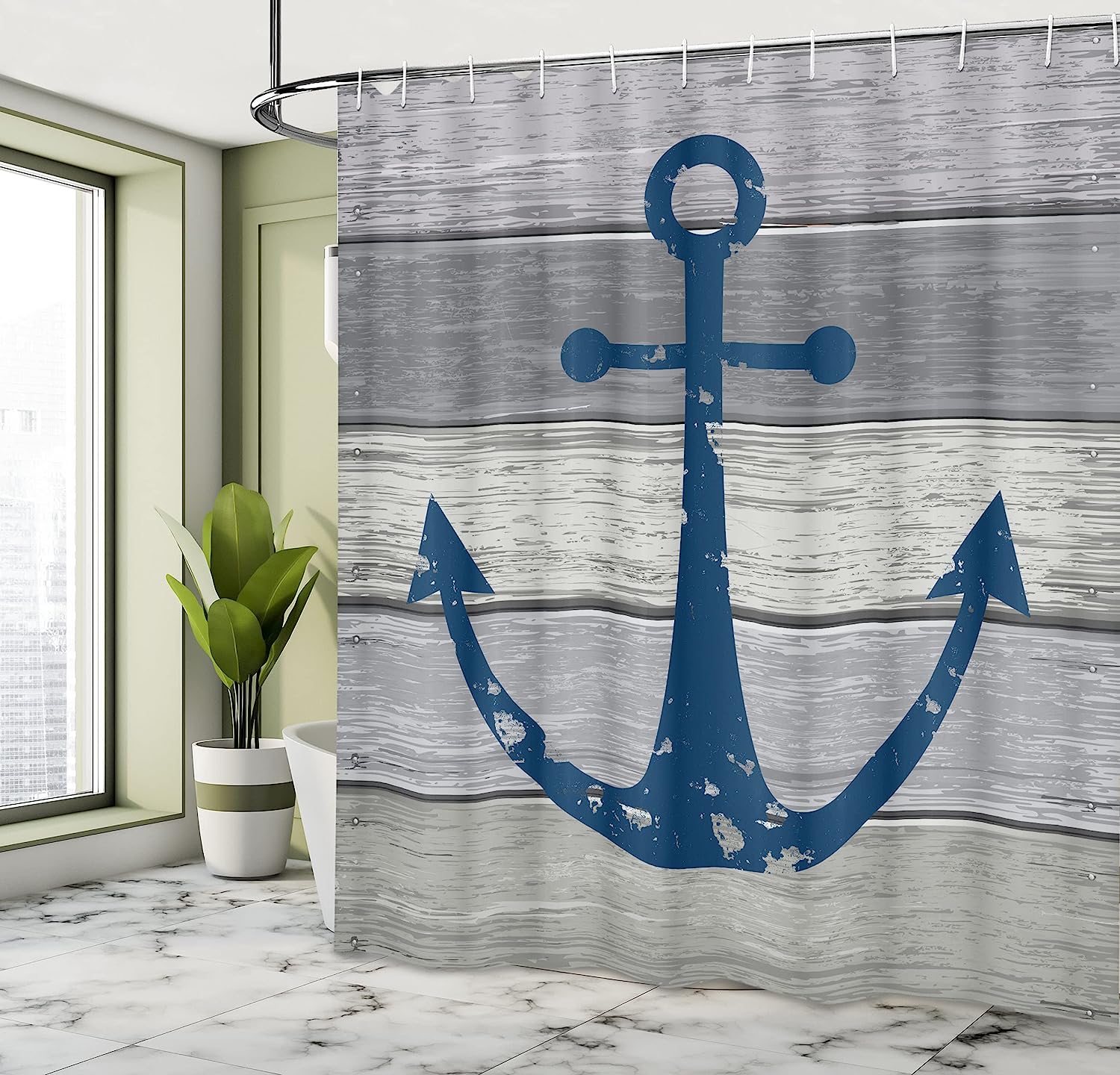 Night Blue Grunge Wooden Planks Shower Curtain, Rustic Nautical Maritime Sail Colored Symbol - Image 4