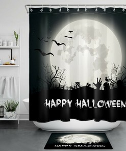 Night Cemetery With Zombie Full Moon And Bat For Happy Halloween Shower Curtain