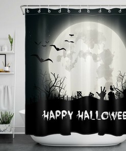 Night Cemetery With Zombie Full Moon And Bat For Happy Halloween Shower Curtain