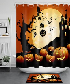 Night Church Pumpkins And Bats Halloween Shower Curtain - Creepy And Haunted Design