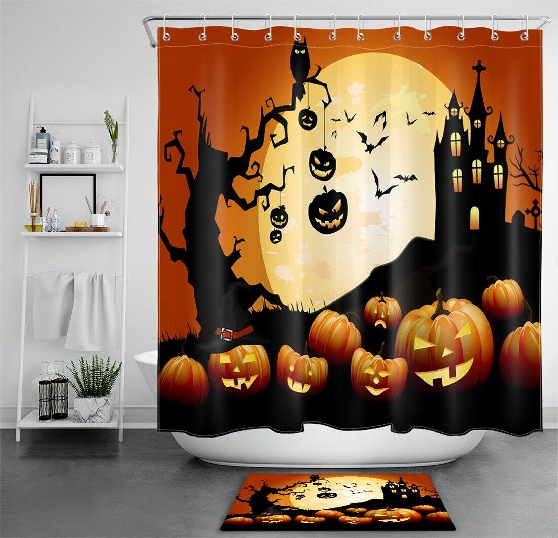 Night Church Pumpkins And Bats Halloween Shower Curtain - Creepy And Haunted Design