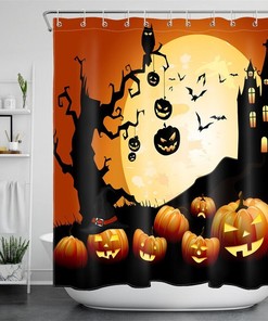 Night Church Pumpkins And Bats Halloween Shower Curtain - Creepy And Haunted Design