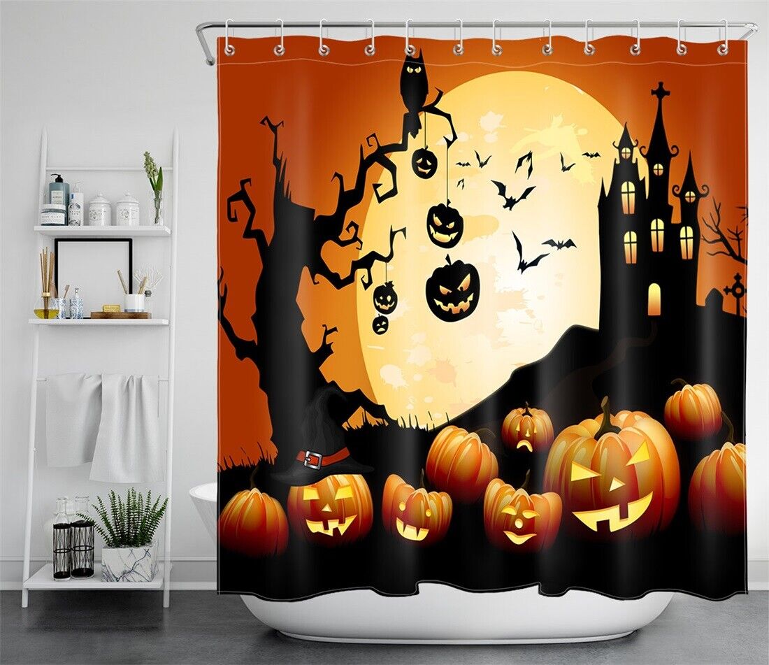 Night Church Pumpkins And Bats Halloween Shower Curtain - Creepy And Haunted Design