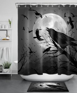 Night Crows In Woods Sketch Halloween Shower Curtain - Spooky And Haunted Design