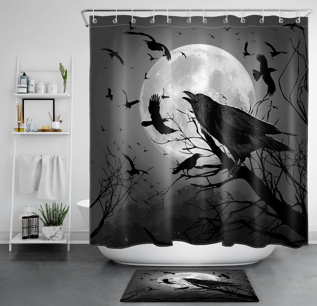 Night Crows In Woods Sketch Halloween Shower Curtain - Spooky And Haunted Design