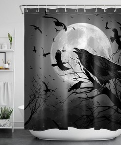 Night Crows In Woods Sketch Halloween Shower Curtain - Spooky And Haunted Design