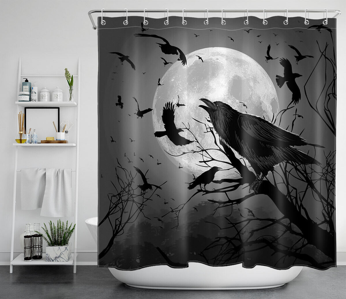Night Crows In Woods Sketch Halloween Shower Curtain - Spooky And Haunted Design