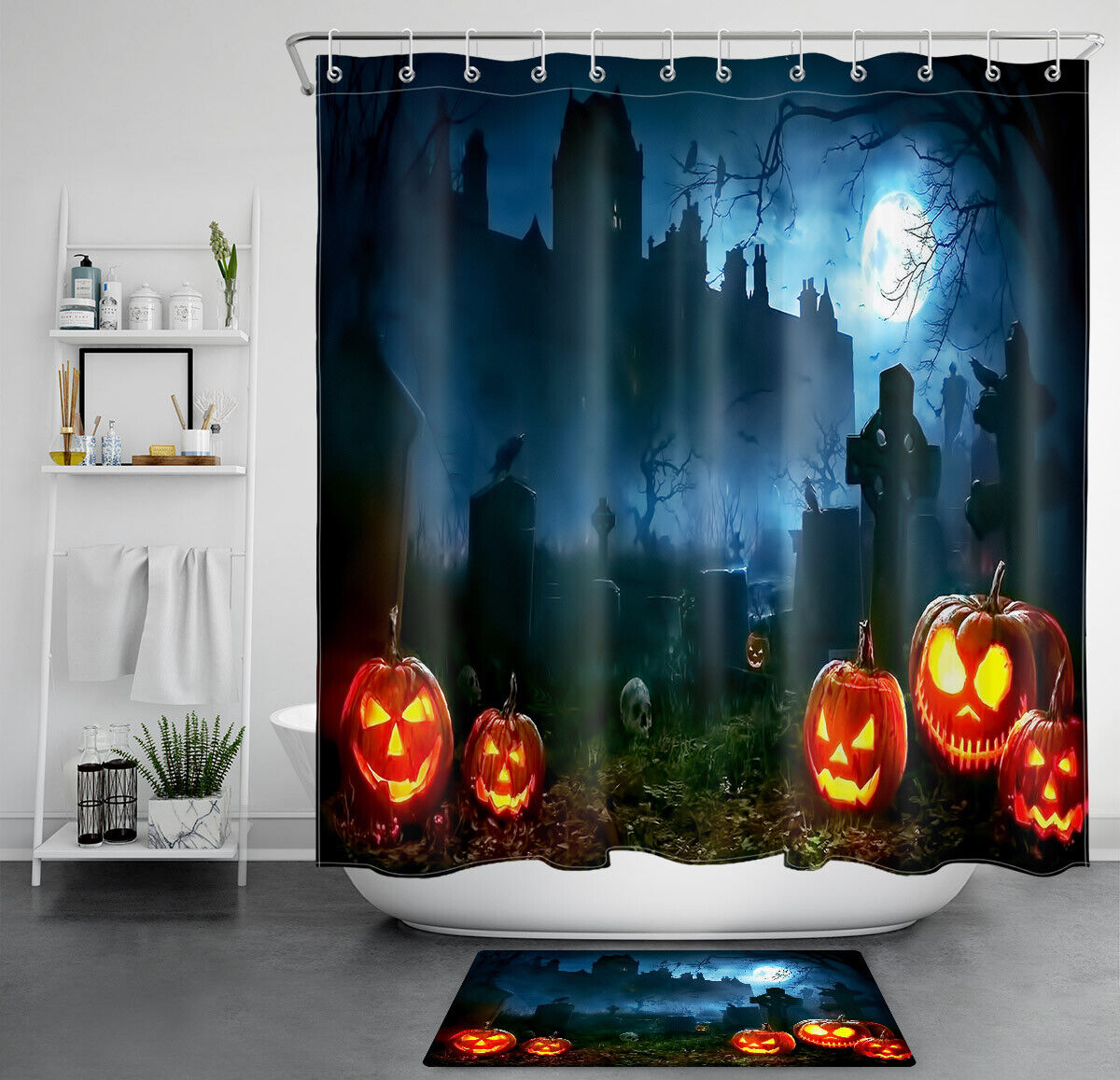Night Graveyard Pumpkins Halloween Shower Curtain - Creepy And Scary Bathroom Decor