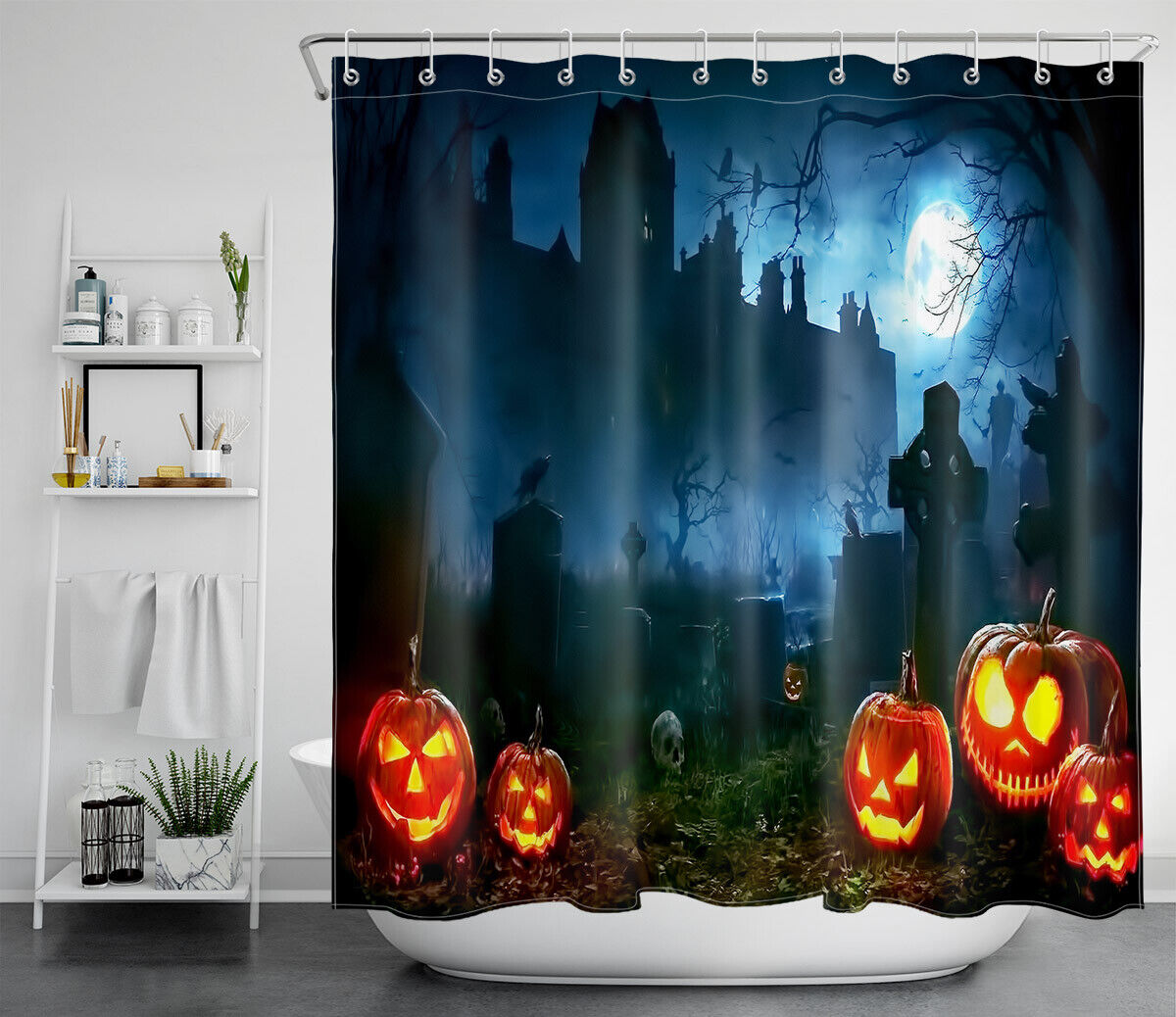 Night Graveyard Pumpkins Halloween Shower Curtain - Creepy And Scary Bathroom Decor