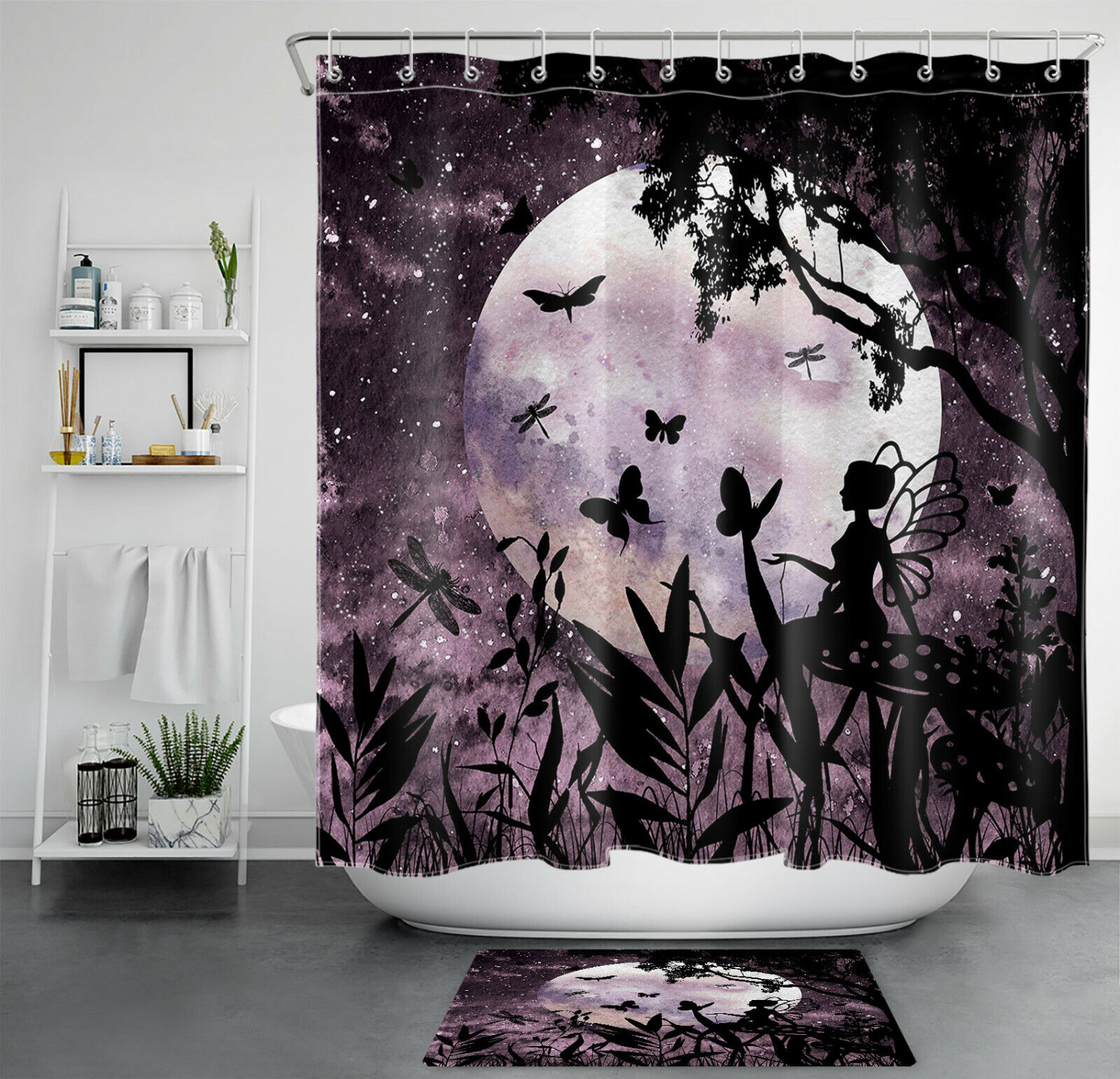 Night Moon Butterfly Elf Shower Curtain Fantasy Print