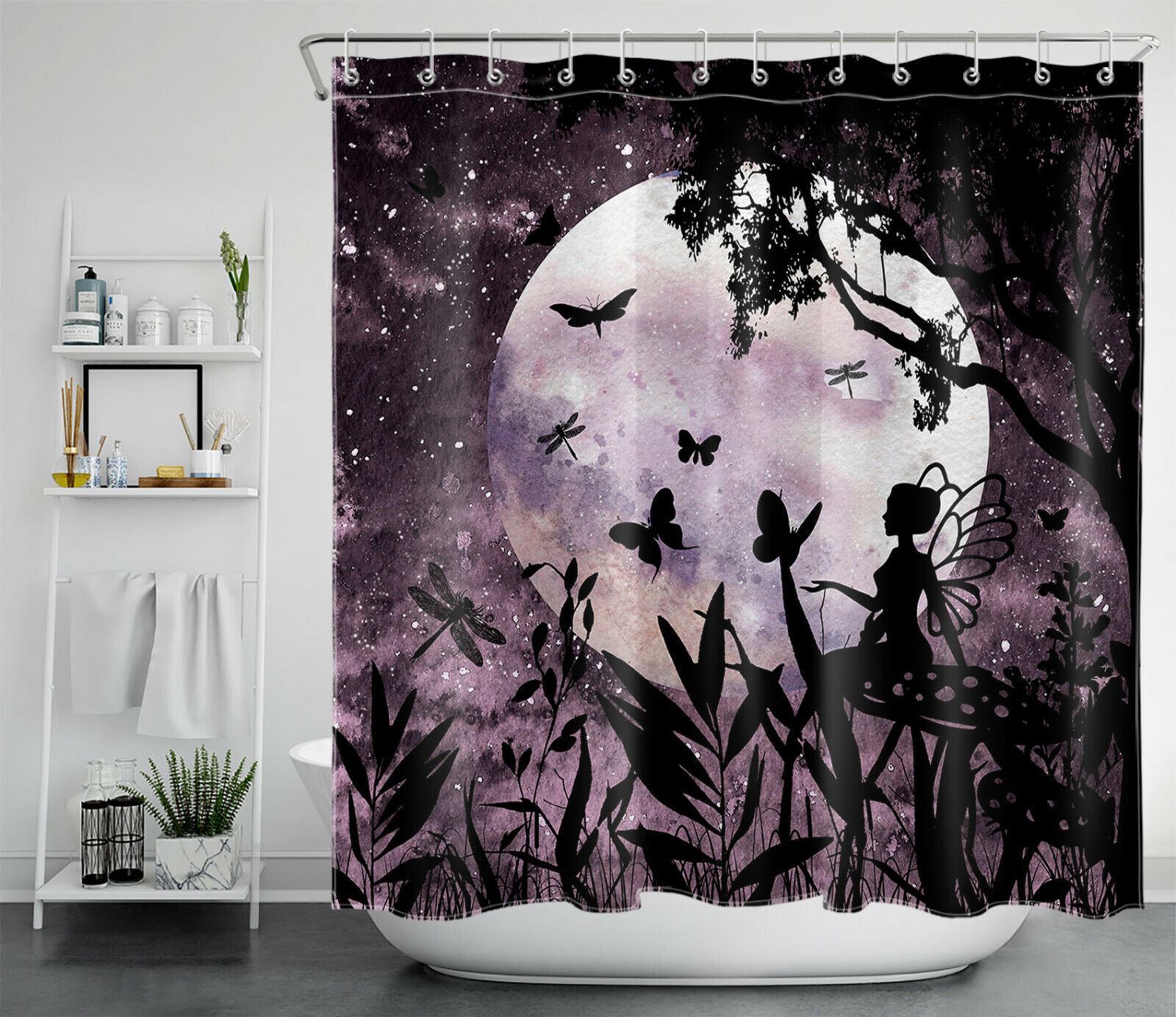 Night Moon Butterfly Elf Shower Curtain Fantasy Print