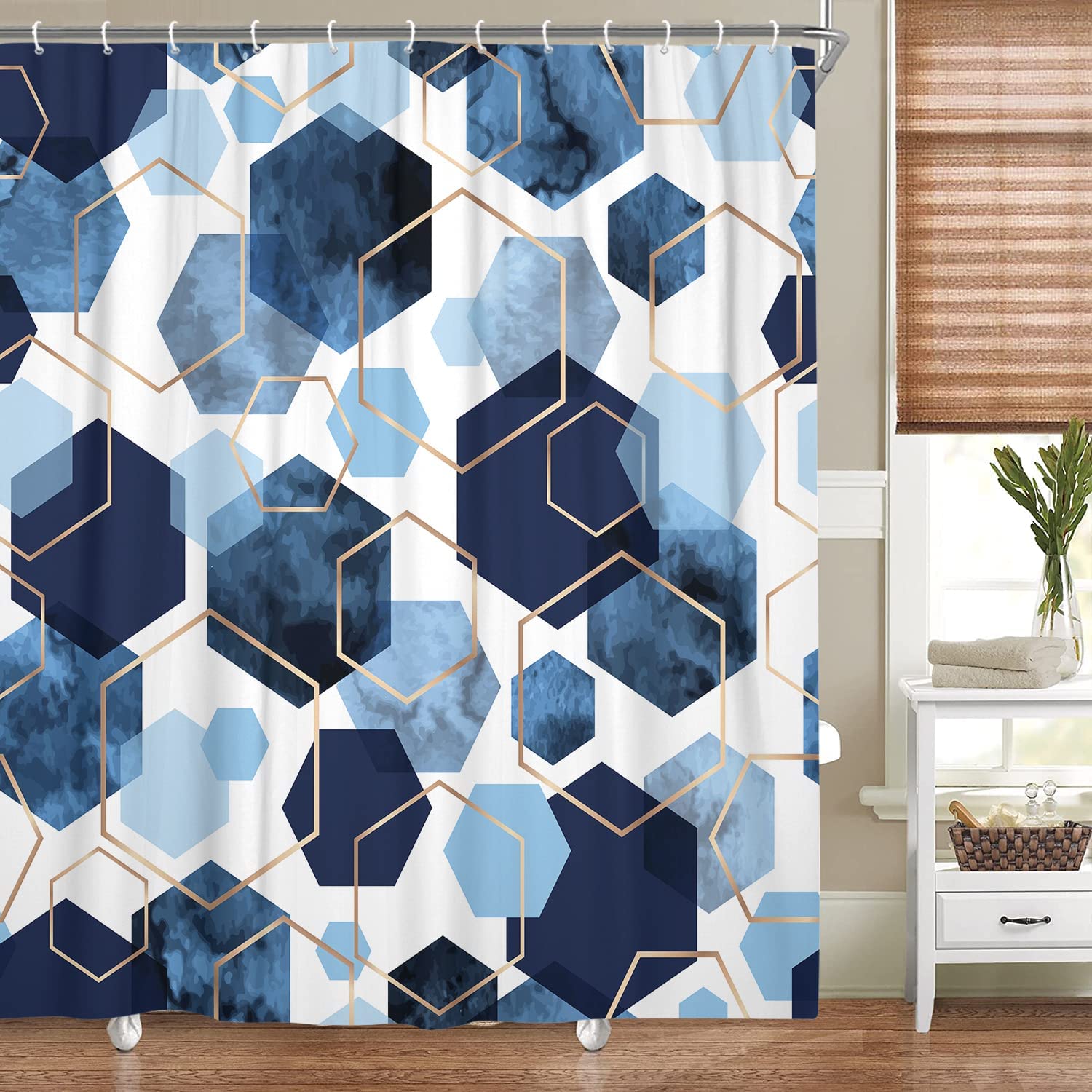 Night Owl And Mouse Blue Nature Shower Curtain, Waterproof Bathroom Curtain - Image 3