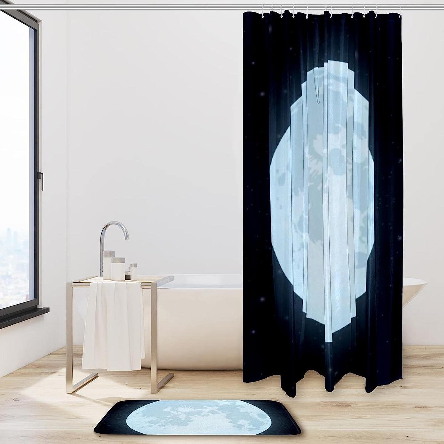 Night Scenery Shower Curtain with Shiny Moon Print for Bathroom Decoration