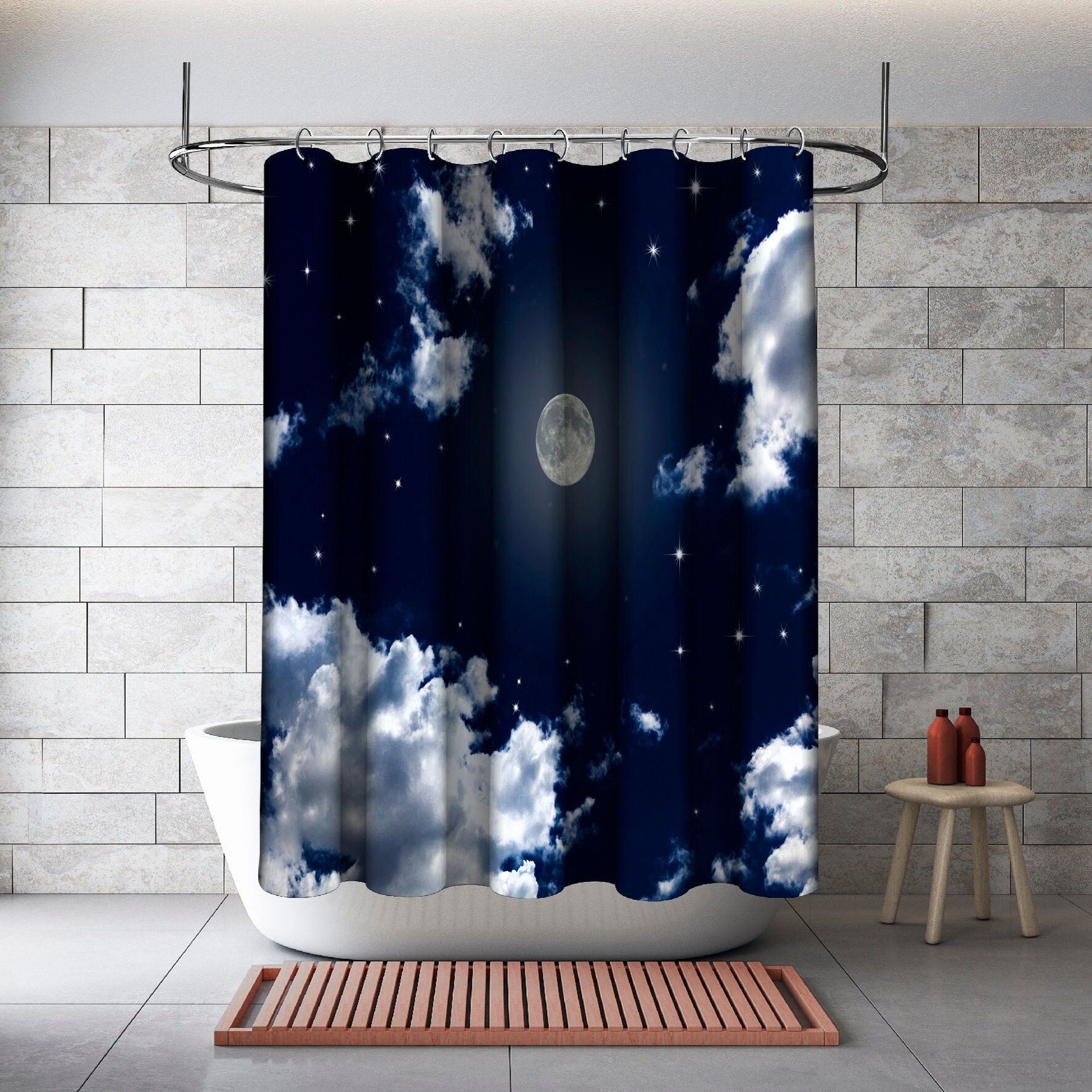 Night Sky Cloudy Shower Curtain - Scenery Printed Full Moon for Your Bathtub Decoration