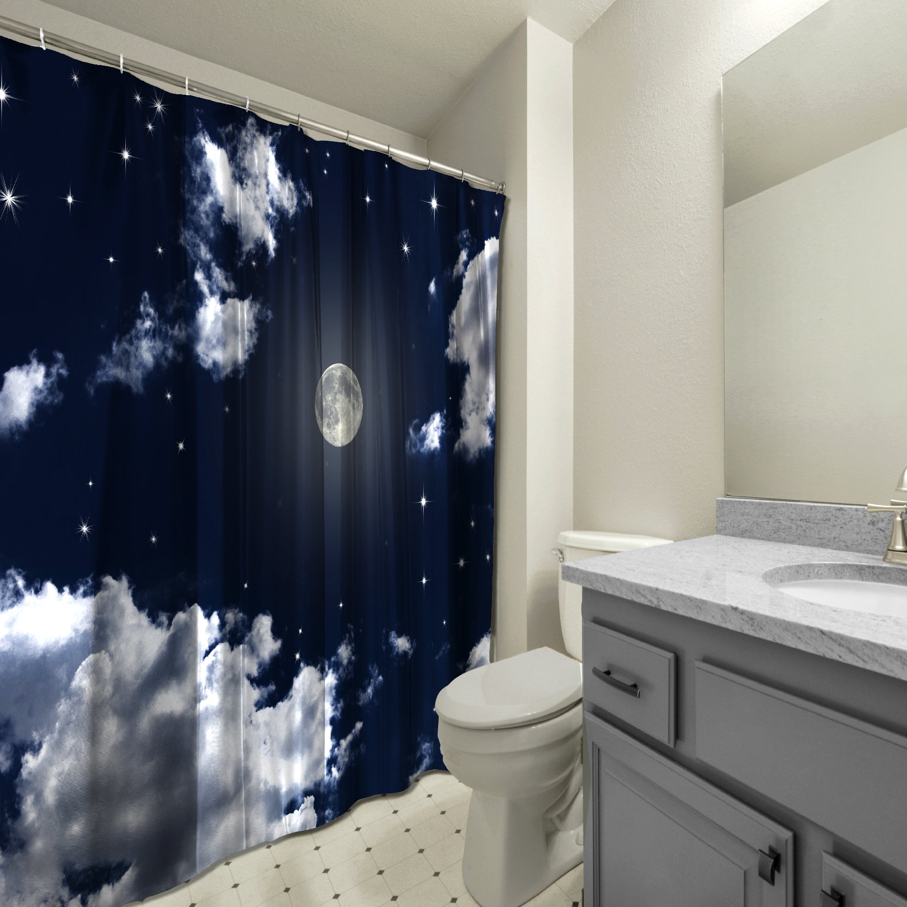 Night Sky Cloudy Shower Curtain - Scenery Printed Full Moon for Your Bathtub Decoration