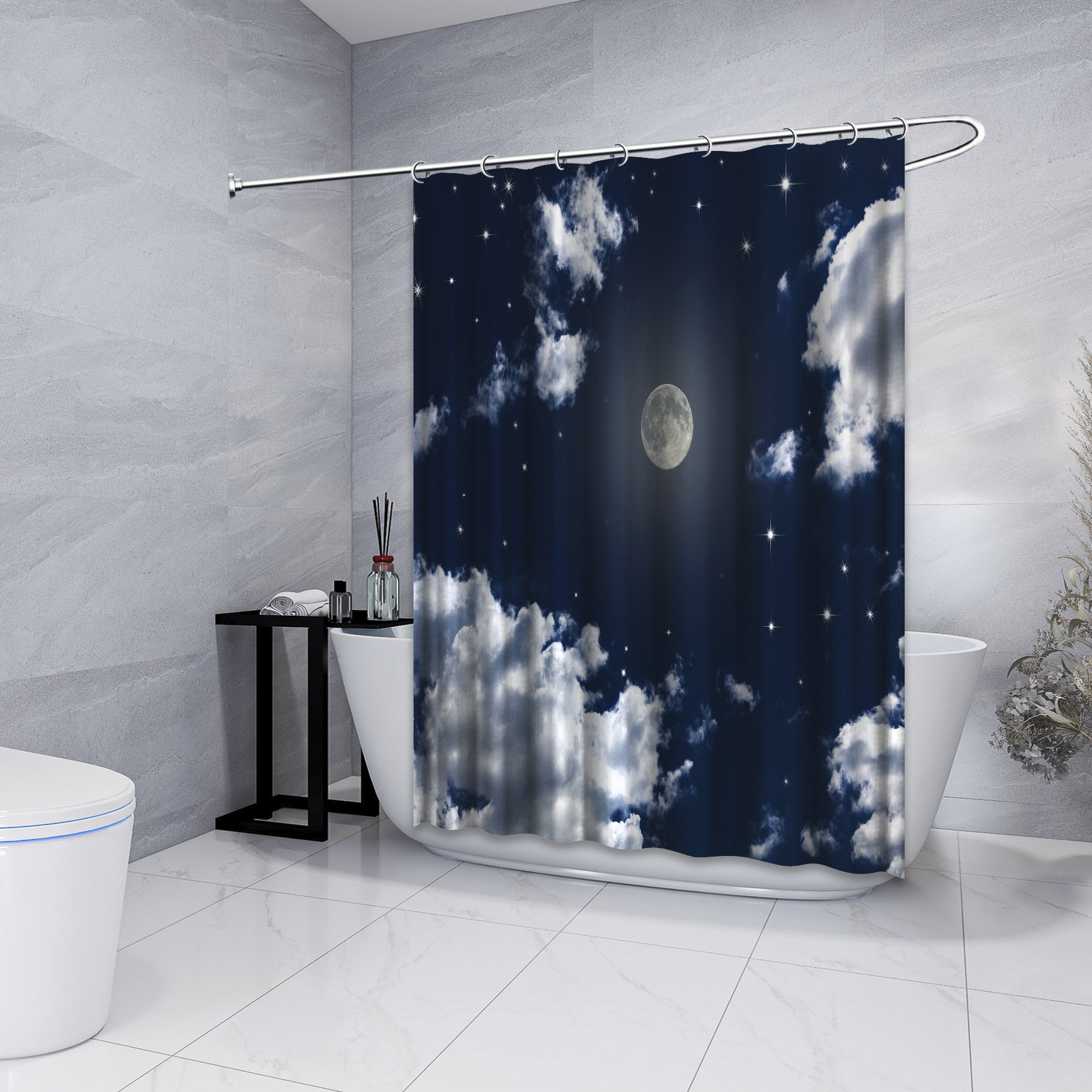Night Sky Cloudy Shower Curtain - Scenery Printed Full Moon for Your Bathtub Decoration