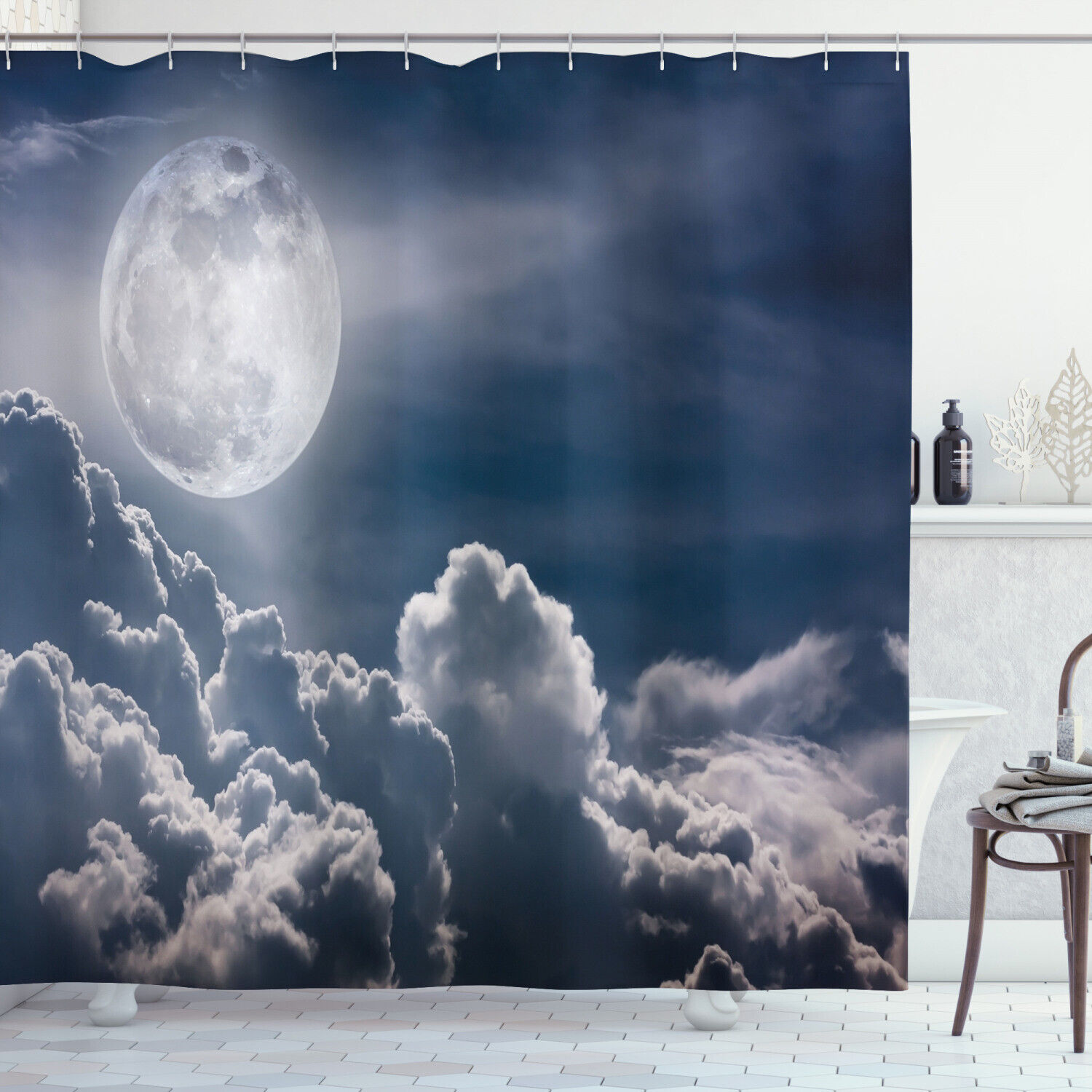 Night Sky Full Moon and Clouds Shower Curtain for a Mysterious Bathroom