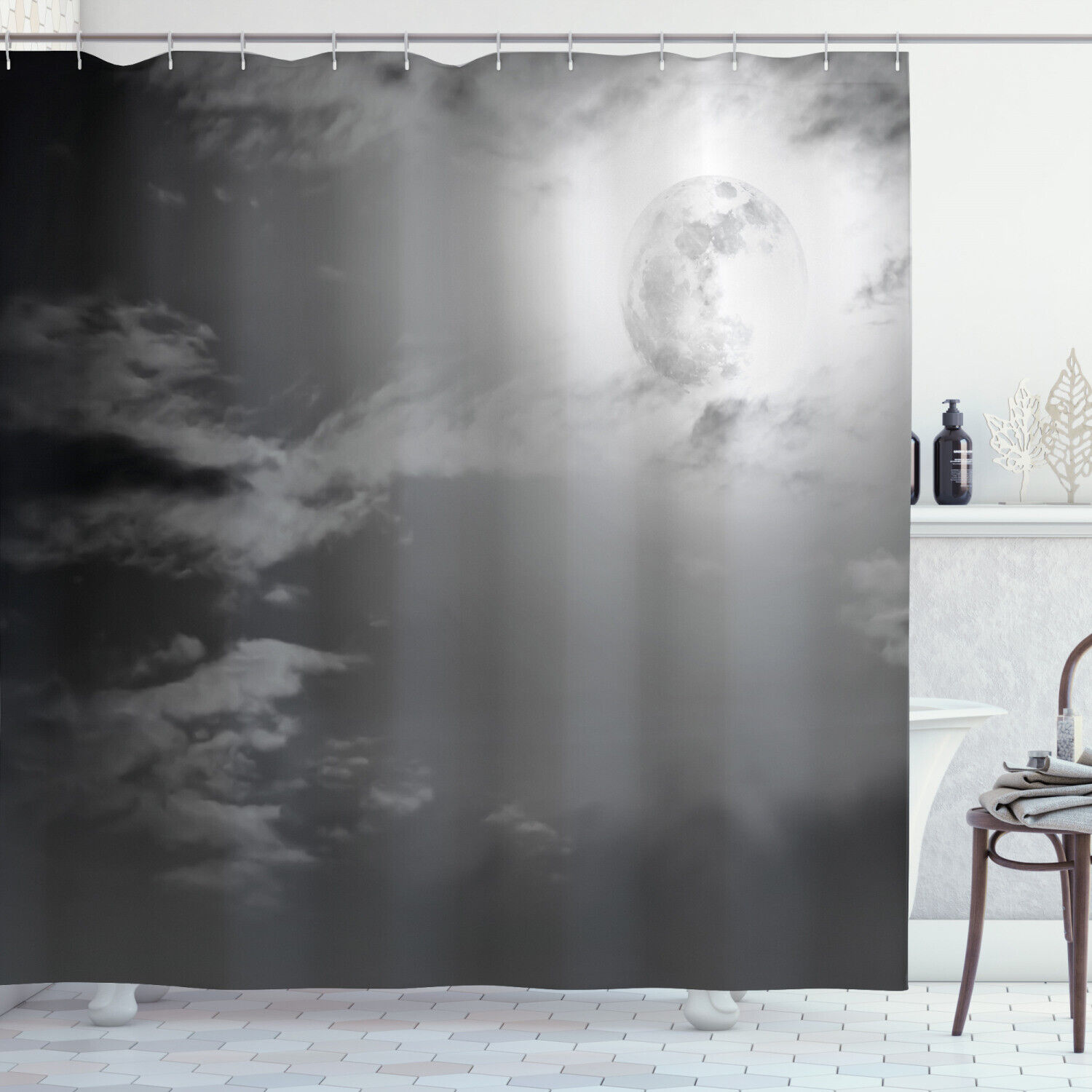 Night Sky Full Moon and Clouds Shower Curtain for a Mysterious Bathroom set
