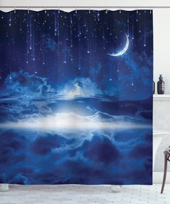 Night Sky Moon And Stars Printed Blue And White Shower Curtain For A Dreamy Atmosphere