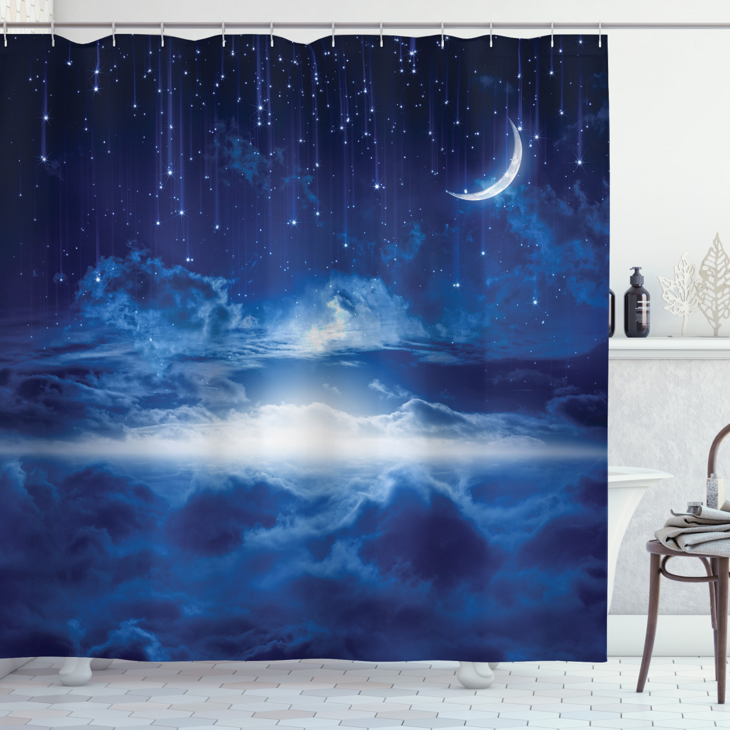 Night Sky Moon And Stars Printed Blue And White Shower Curtain For A Dreamy Atmosphere