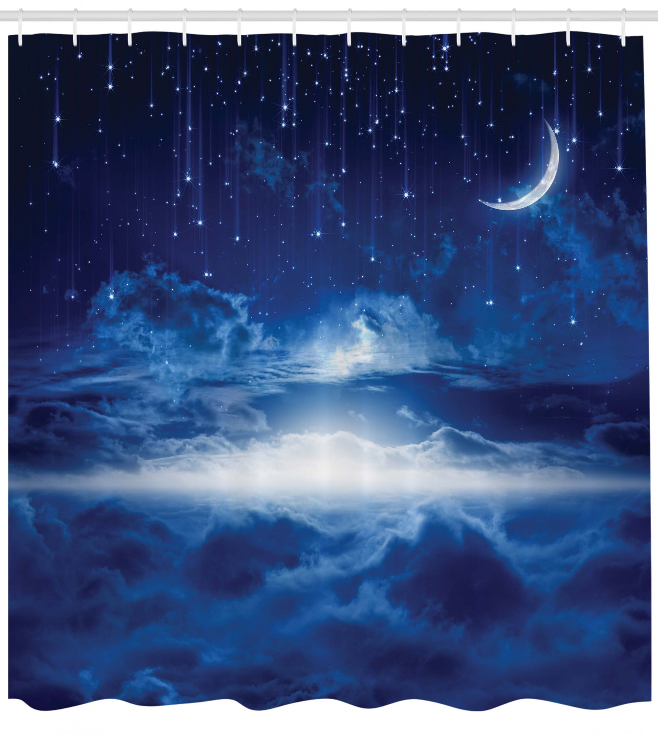 Night Sky Moon And Stars Printed Blue And White Shower Curtain For A Dreamy Atmosphere - Image 2