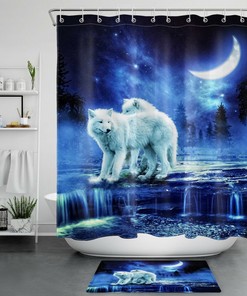 Night Sky Moon White Wolf Fantasy Shower Curtain - 71