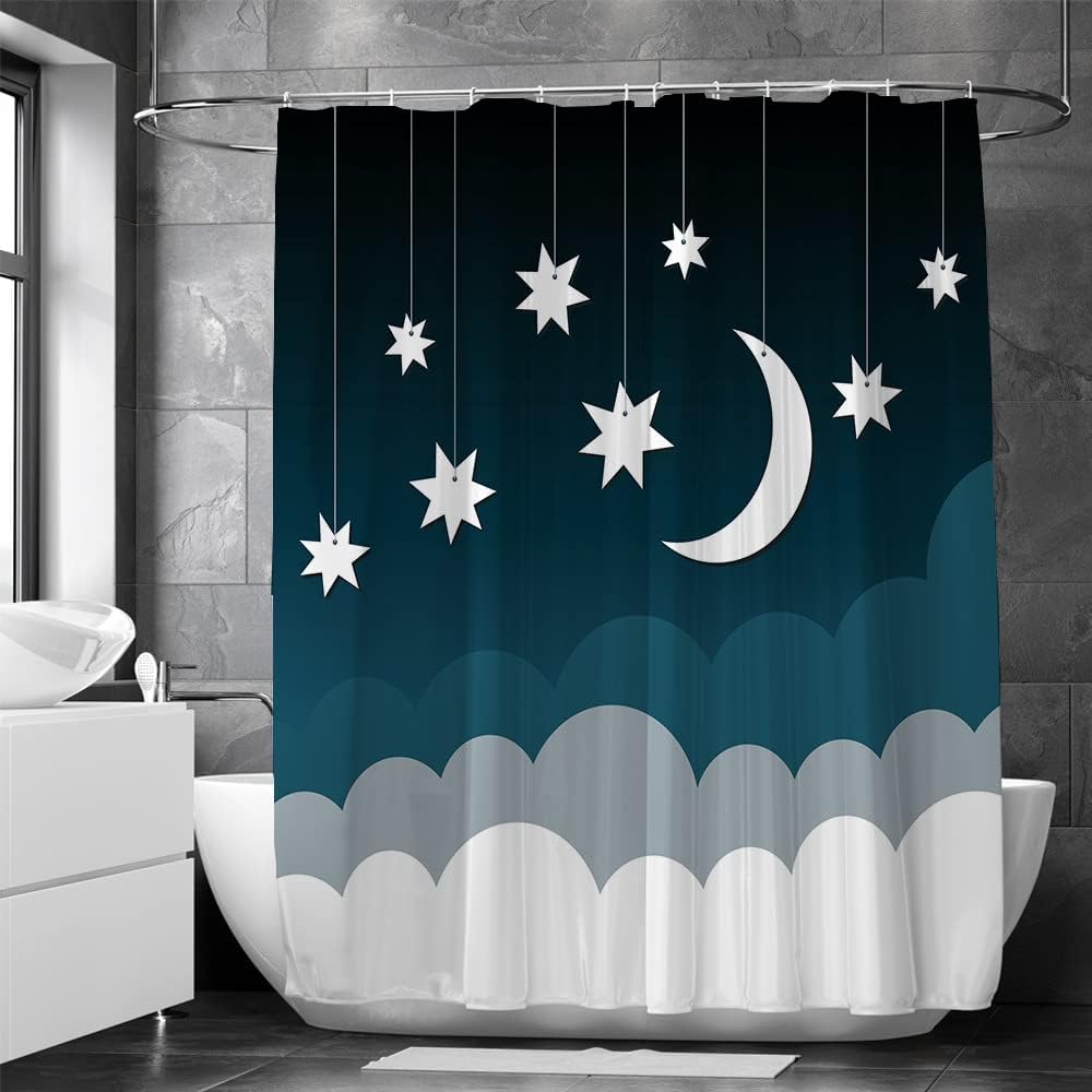 Night Sky Starry Moon And Clouds Printed Shower Curtain For Home Hotels