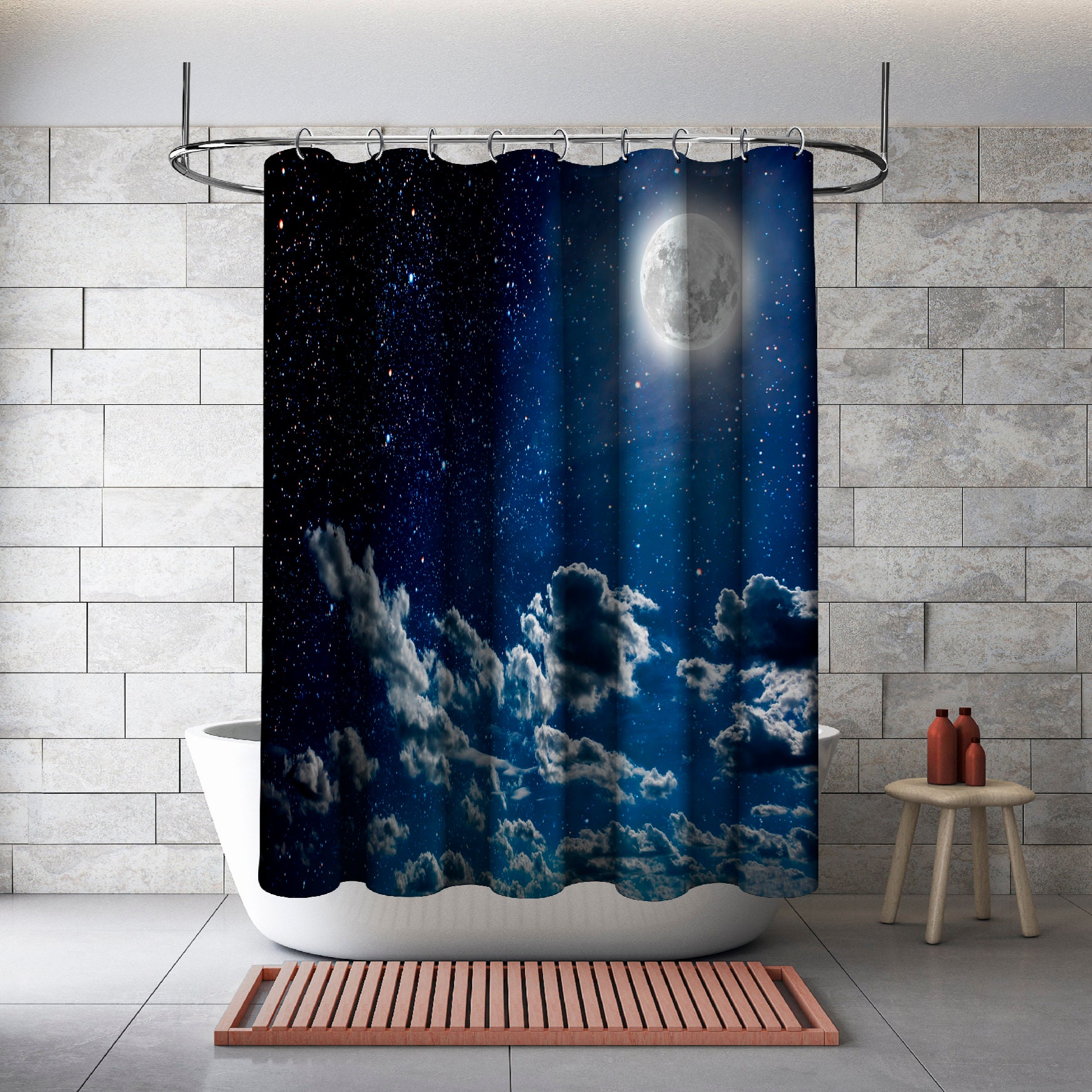 Night Sky View Stars and Moon Shower Curtain for a Magnificent Bathroom
