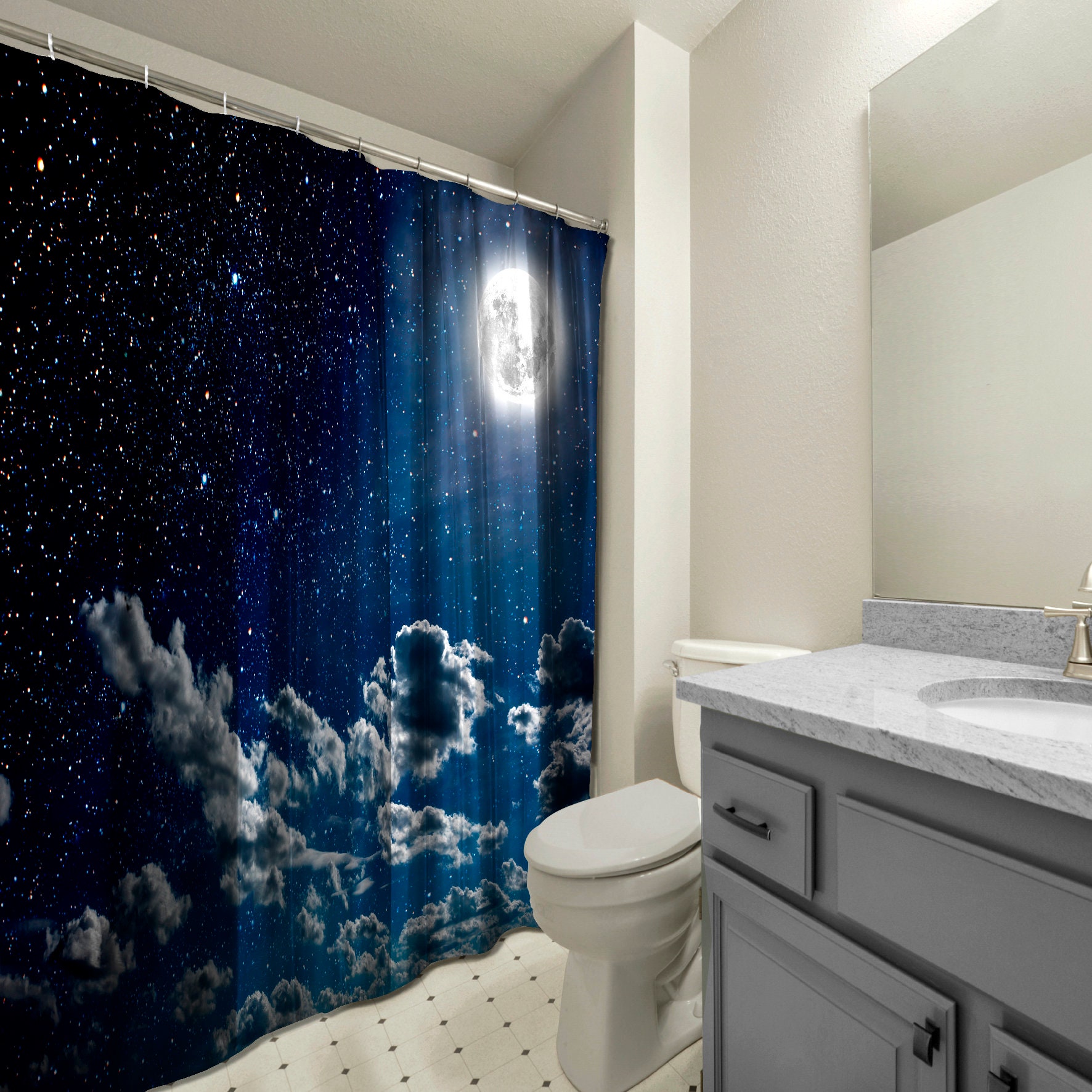 Night Sky View Stars and Moon Shower Curtain for a Magnificent Bathroom