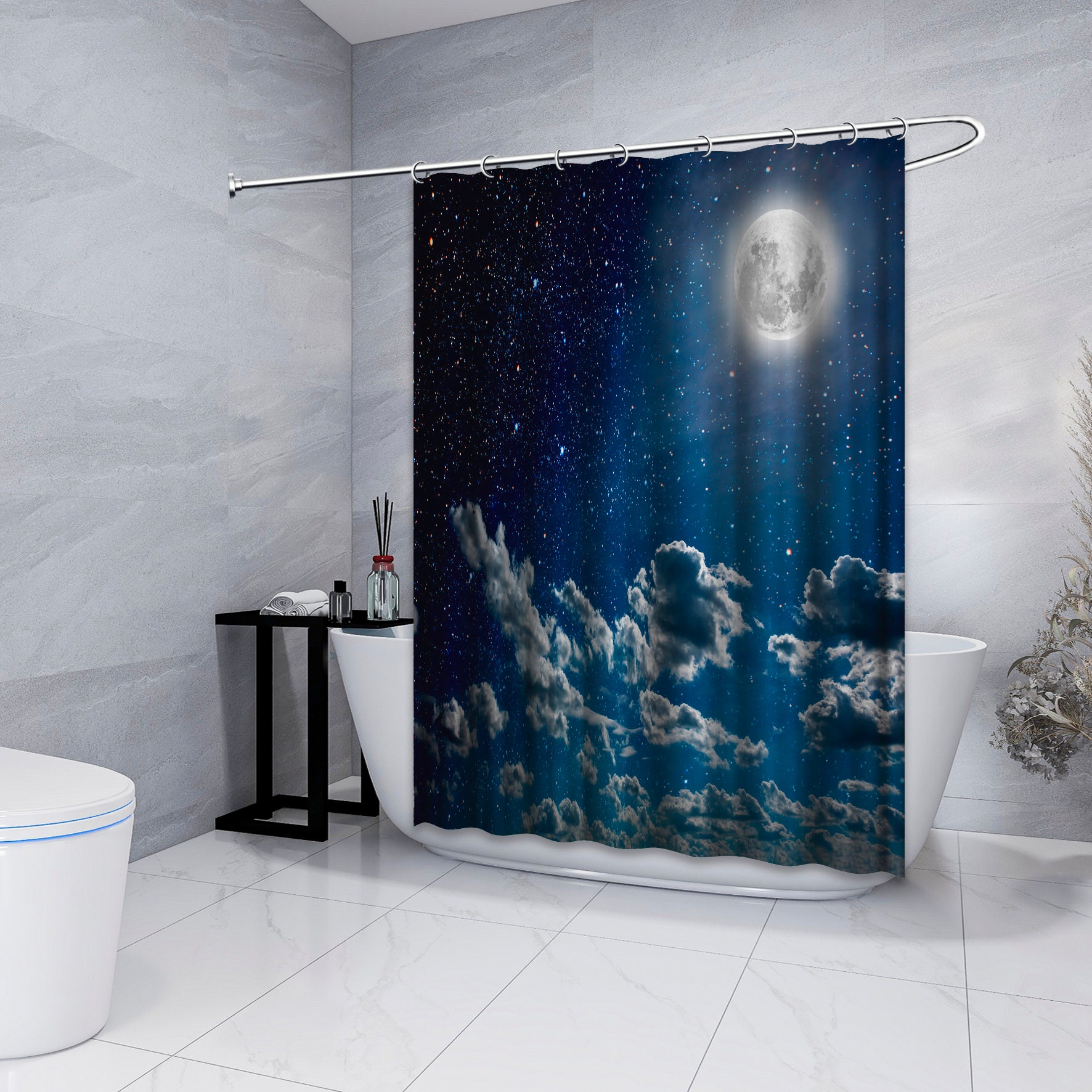 Night Sky View Stars and Moon Shower Curtain for a Magnificent Bathroom