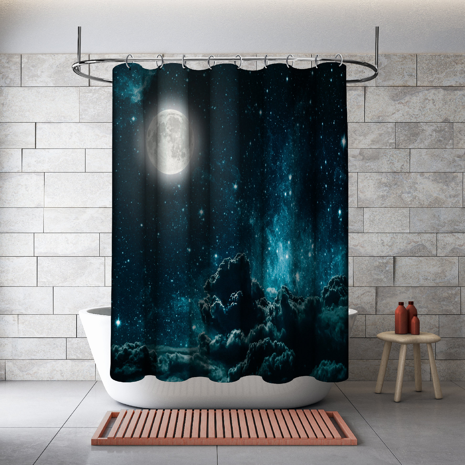 Night Sky with Moon and Clouds Sky View Printed Shower Curtain for a Calming and Serene Bathroom