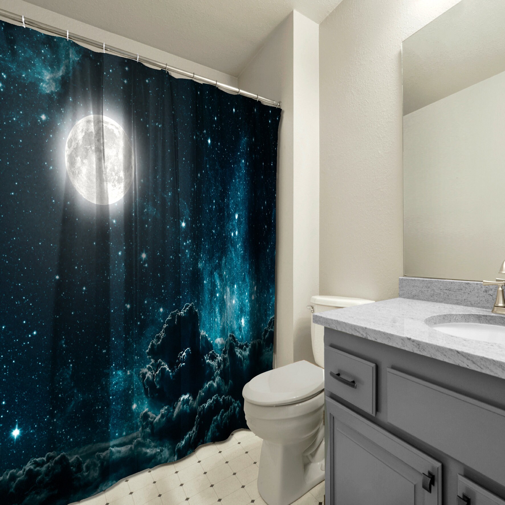 Night Sky with Moon and Clouds Sky View Printed Shower Curtain for a Calming and Serene Bathroom
