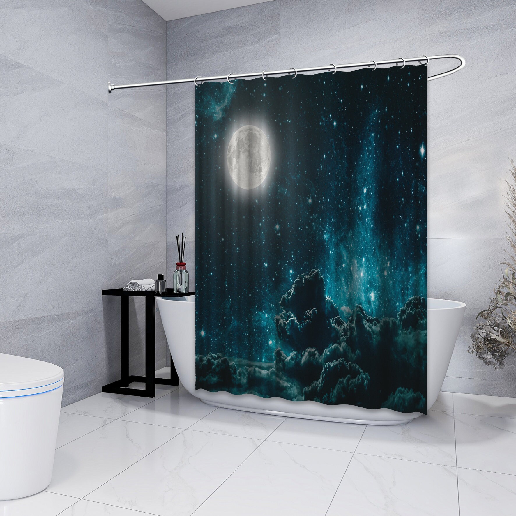 Night Sky with Moon and Clouds Sky View Printed Shower Curtain for a Calming and Serene Bathroom