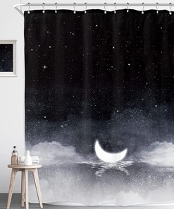 Night Starry Sky Shower Curtain With Moon Phase, Black Dark Navy Cloud Stars White Moon Sparkly Shiny